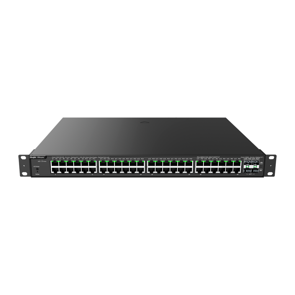 (RG-NBS3100-48GT4SFP-P) Reyee Switch PoE Cloud Layer 2 - 48 Ports PoE Gigabit + 4 SFP Gigabit - 30W par port 802.3af/at / Maximum 370W - Static LAG/DHCP Snoop/IGMP Snoop/Port Mirror - VLAN/isolation des ports/STP/RSTP/ACL/QoS/LACP/SNMP - Enrackable