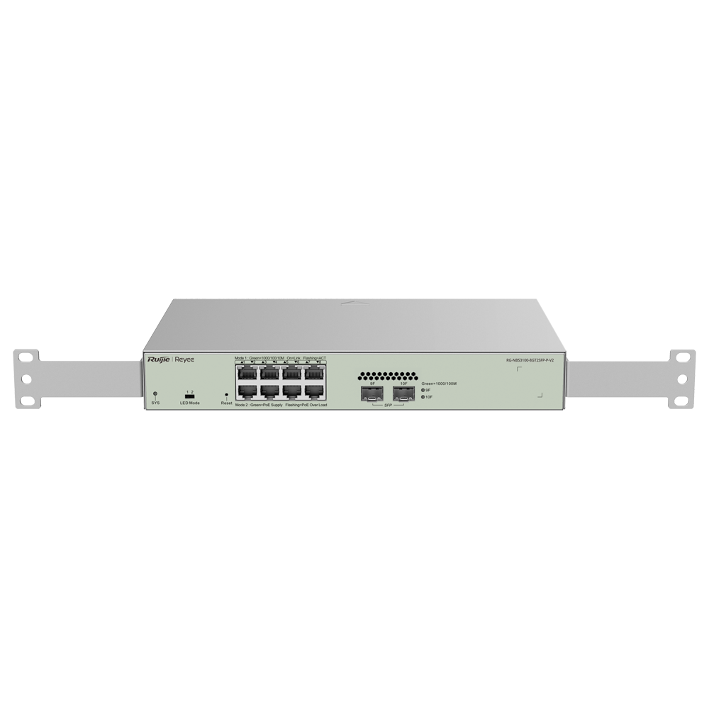 (RG-NBS3100-8GT2SFP-P-V2) Reyee Switch PoE Cloud Layer 2 - 8 ports PoE+ Gigabit+ 2 SFP Gigabit - 30W par port 802.3af/at / Maximum 125W - Static LAG/DHCP Snoop/IGMP Snoop/Port Mirror - VLAN/isolation des ports/STP/RSTP/ACL/QoS/LACP/SNMP - Enrackable