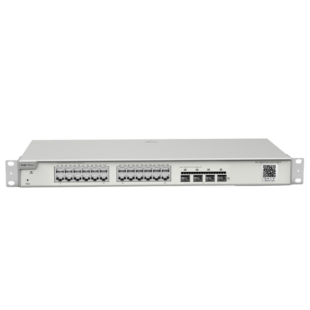 (RG-NBS5100-24GT4SFP) Switch Reyee Cloud  3 - 24 ports RJ45 Gigabit - 4 ports SFP Gigabit - Static LAG/DHCP Snoop/IGMP Snoop/Port Mirror - VLAN/Port Isolation/STP/RSTP/ACL/QoS/802.1X - Serveur DHCP/Routes statiques/RIP/OSPF/SNMP
