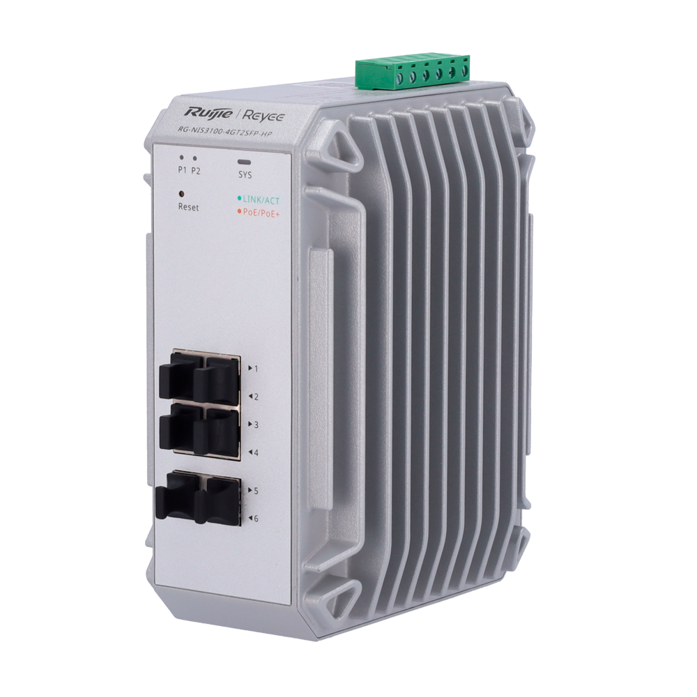 [RG-NIS3100-4GT2SFP-HP] (RG-NIS3100-4GT2SFP-HP) Switch Industriel Reyee avec PoE et un niveau Cloud 2 - 4 Ports PoE+ Gigabit + 2 Ports SFP Gigabit - 30W par port 802.3af/at / Maximum 120W - Static LAG/DHCP Snoop/IGMP Snoop/Port Mirror - VLAN/prévention des boucles/STP/RSTP/ACL/Watchdog - Montage sur rail DIN