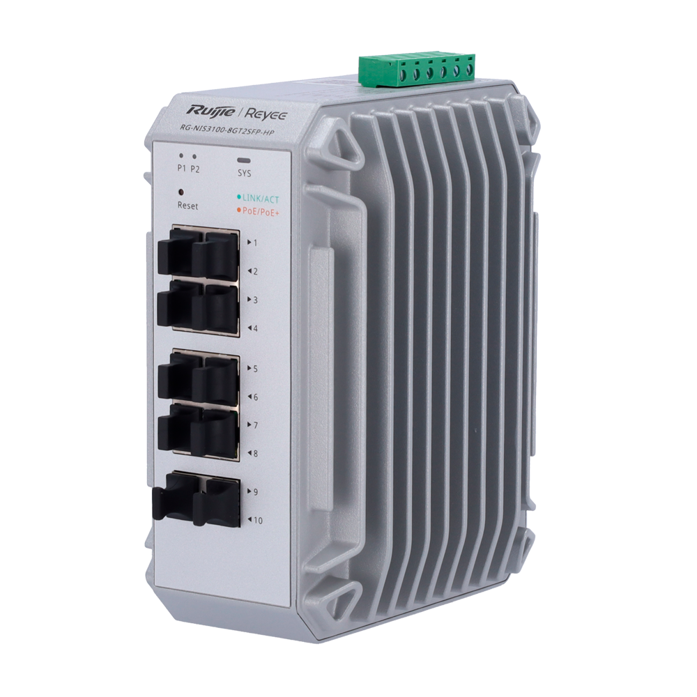 [RG-NIS3100-8GT2SFP-HP] (RG-NIS3100-8GT2SFP-HP) Switch Industriel Reyee avec PoE et un niveau Cloud 2 - 8 Ports PoE+ Gigabit + 2 Ports SFP Gigabit - 30W par port 802.3af/at / Maximum 240W - Static LAG/DHCP Snoop/IGMP Snoop/Port Mirror - VLAN/prévention des boucles/STP/RSTP/ACL/Watchdog - Montage sur rail DIN