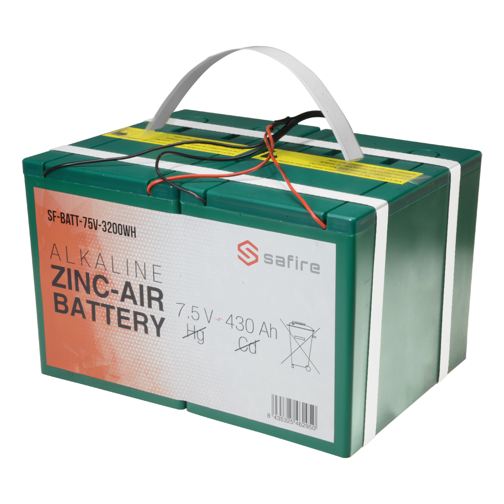 (SF-BATT-75V-3200WH) Batterie zinc-air - Tension 7.5 V / Capacité 3200 Wh - Triple connecteur DC: Jack, mini-USB et Molex - Longueur du câble 2 m - Compatible avec Ajax et RSI Videofied - 158 (H) x 260 (L) x 188 (Pr) mm / 7.6 Kg