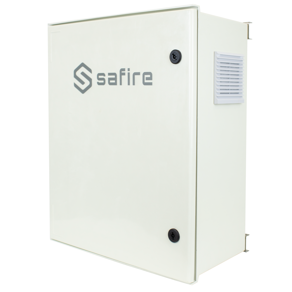 (SF-BOX0812V-UPS-IP55) Safire - Armoire en polyester SMC - Dimensions extérieures 60x50x23cm - Switch de 8 ports | Plateau d'épissure pour fibre - Plateforme de gestion et de maintenance - Degré de protection IP55 / Rail DIN / UPS