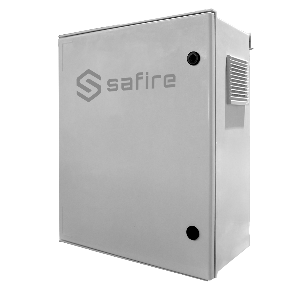 (SF-BOX08ECO-BMS-IP55) Armario de poliéster SMC - Diferencial, magnetotérmico y SPD - Dimensiones exteriores 60x50x23cm - Switch 8 puertos POE | Bandeja fusión de fibra - Grado de protección IP55 / Carril DIN  - Caja de distribución economica sin inteligencia