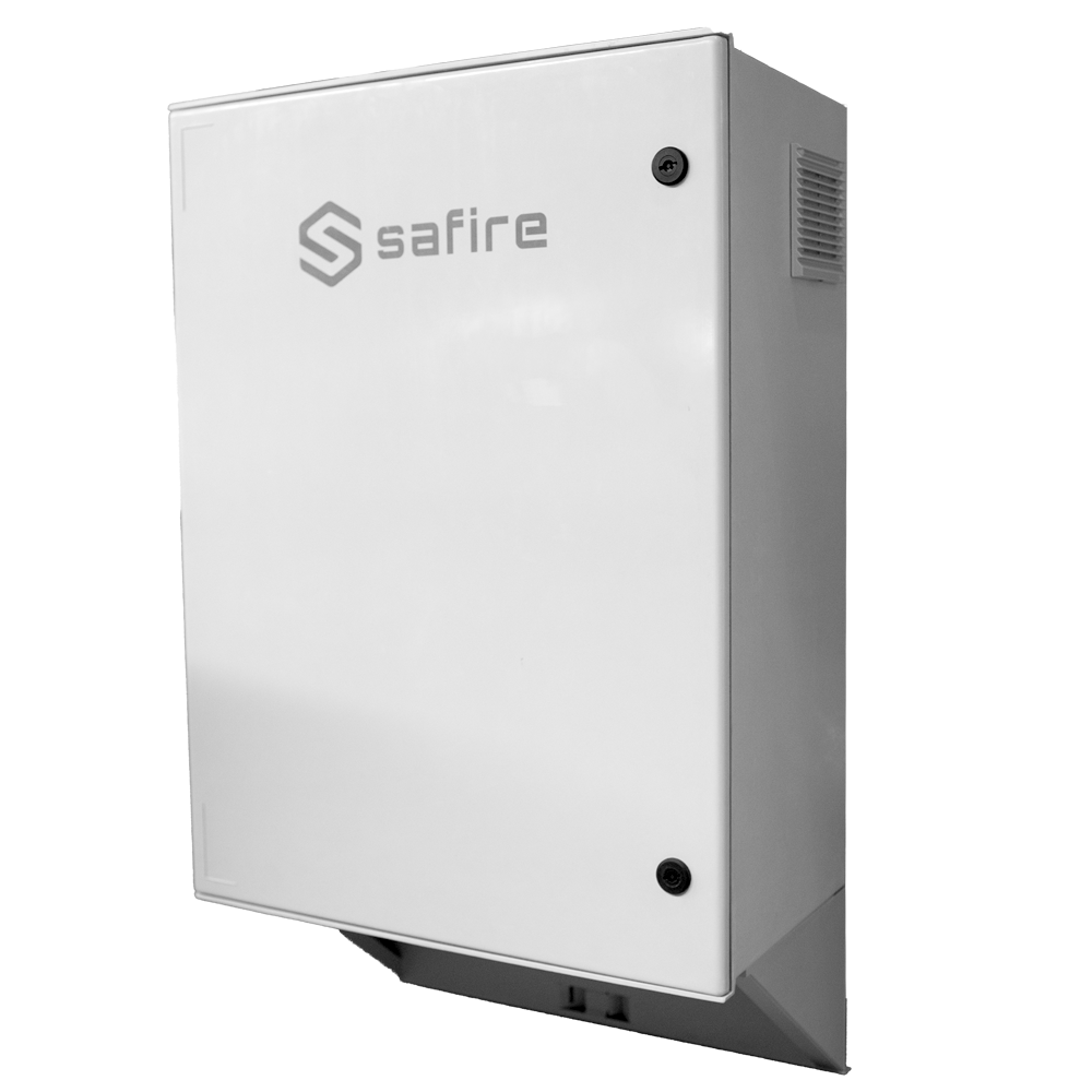 (SF-BOX08SOL-BMS-IP55) Armario de poliéster carga rápida Solar - Magnetotérmico y SPD - Dimensiones exteriores 80x60x30cm - Switch 8 puertos POE | Bandeja fusión de fibra - Grado de protección IP55 / Carril DIN  - Carga rápida 17 amperios/hora