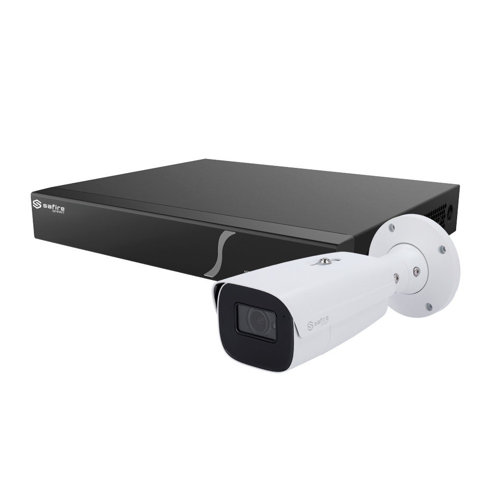 (SF-DEMOSMART-B) Kit d'intelligence artificielle Safire Smart - 1 Caméra bullet de 4Mpx - 1 NVR de 8CH avec audio et alarme - 1 Disque dur de 1TB - Sortie vidéo HDMI 4K - Classification avancée des humains et des véhicules