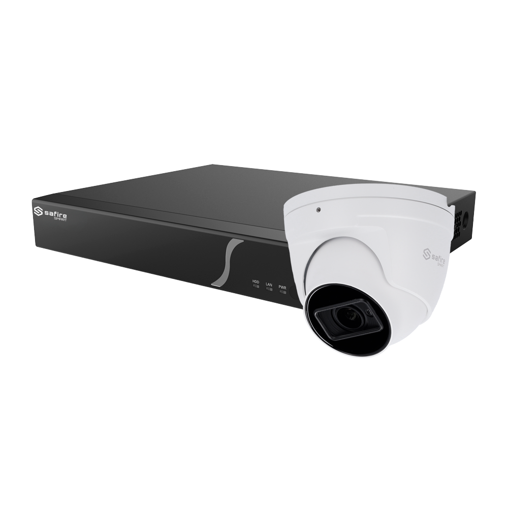 (SF-DEMOSMART-D) Kit d'intelligence artificielle Safire Smart - 1 Caméra turret de 4Mpx - 1 NVR de 8CH avec audio et alarme - 1 Disque dur de 1TB - Sortie vidéo HDMI 4K - Classification avancée des humains et des véhicules