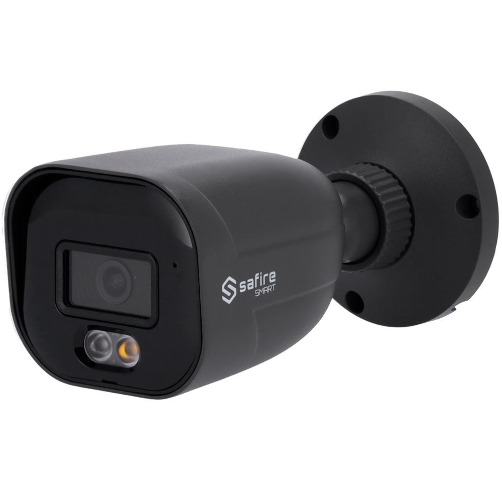 (SF-IPB080A-4E1-DL-GREY) Gamme de caméras IP Safire Smart Bullet E1 IA - Couleur Gris - Résolution 4 Mégapixel (2566x1440) - Objectif 2.8 mm | Microphone intégré 30m DL - IA: Classification des personnes et des véhicules - Étanchéité IP67 | PoE (IEEE802.3af) | P2P