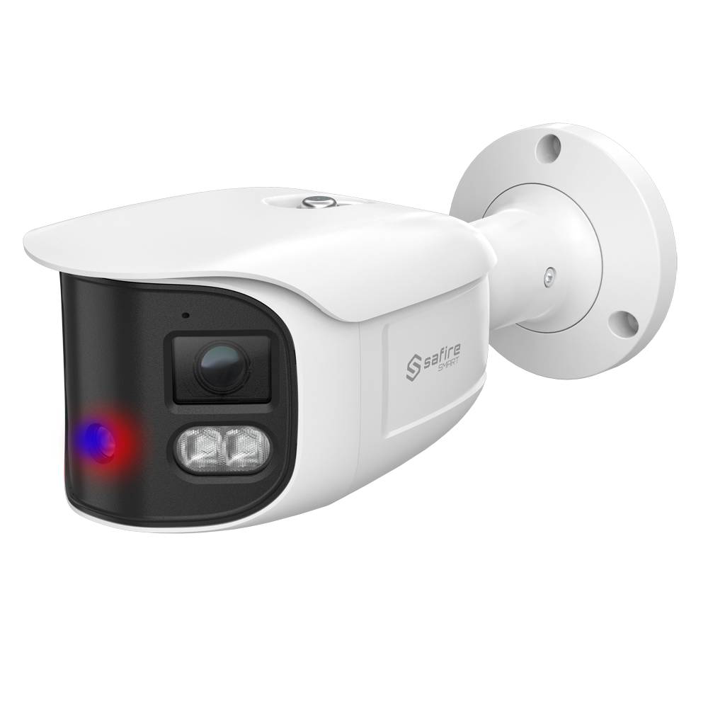 (SF-IPB180A-8I1-SL) Safire Smart - Caméra IP Bullet I1 panoramique à portée dissuasive - Résolution 8 Mégapixel (4640x1760) - Objectif 2x2.8 mm (180º) : Métadonnées vidéo - IA: Classification des personnes et des véhicules - IP66 | PoE.af | Haut-parleur et gyrophare de police