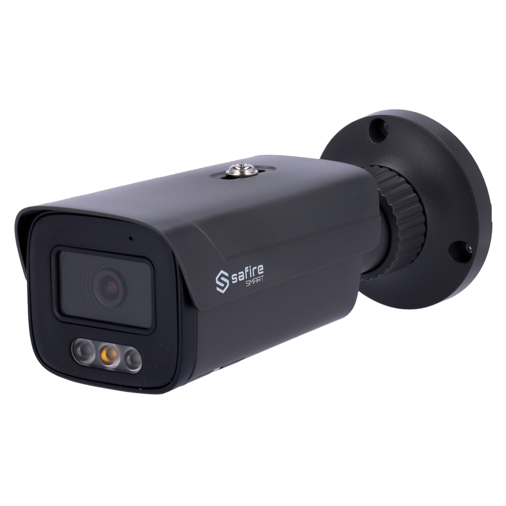 (SF-IPB380A-4E1-DL-GREY) Safire Smart - Caméra Bullet IP gamme E1 Intelligence artificielle - Résolution 4 Mégapixel (2566x1440) - Objectif 2.8 mm | Microphone intégré 30m DL - IA: Classification des personnes et des véhicules - Étanchéité IP67 | PoE (IEEE802.3af) | P2P