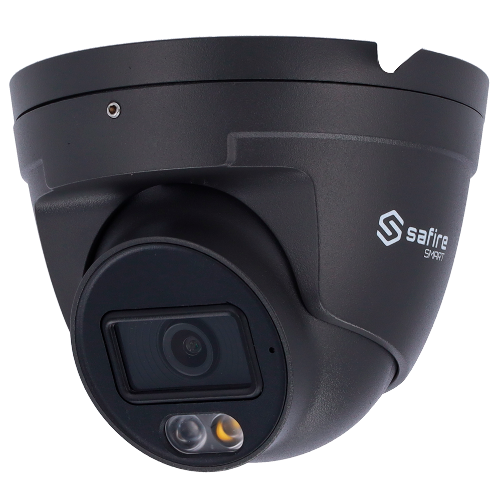 (SF-IPT020A-4E1-DL-GREY) Gamme de caméras IP Safire Smart Smart Turret E1 IA - Couleur Gris - Résolution 4 Mégapixel (2566x1440) - Objectif 2.8 mm | Microphone intégré 30m DL - IA: Classification des personnes et des véhicules - Étanchéité IP67 | PoE (IEEE802.3af) | P2P