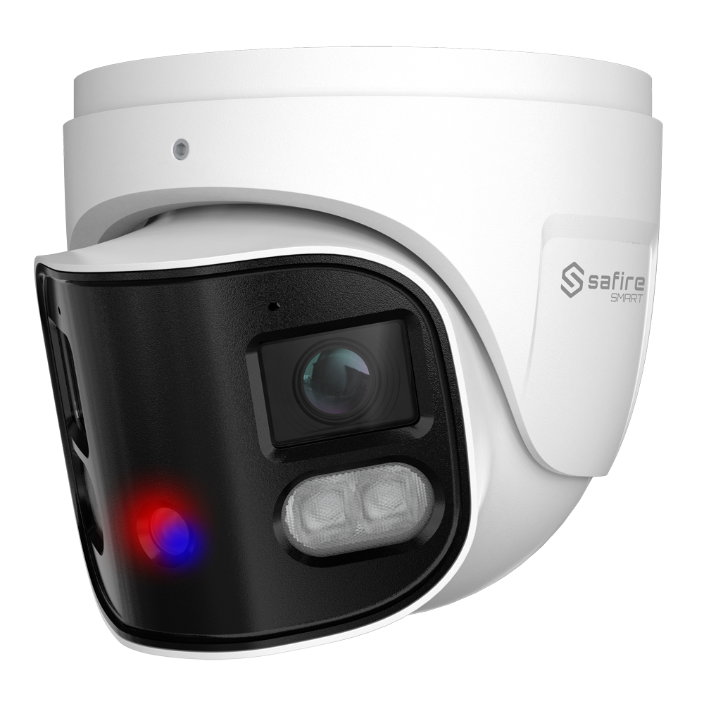 (SF-IPT180A-8I1-SL) Safire Smart - Caméra Turret IP gamme I1 panoramique de dissuasion -  - Résolution 8 Mégapixel (4640x1760) - Objectif 2x2.8 mm (180º) : Métadonnées vidéo - IA: Classification des personnes et des véhicules - IP66 | PoE.af | Haut-parleur et gyrophare de police