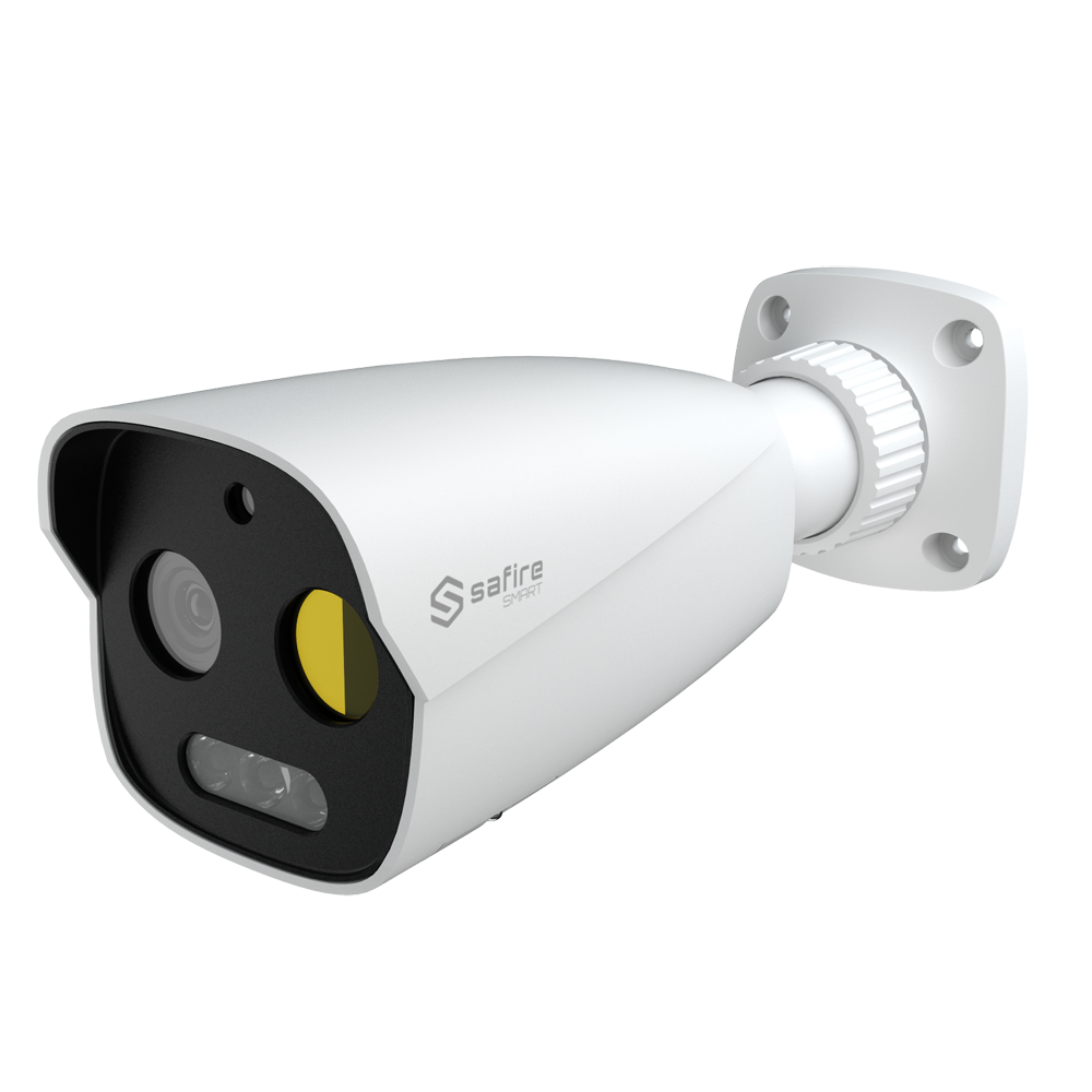 (SF-IPTB256A-3D5) Caméra thermique Dual Bullet IP Safire Smart - Capteur thermique 256x192 VOx | Objectif 3.2 mm - Capteur optique 1/2.7” 5 Mpx | Objectif 4 mm - Sensibilité thermique ≤ 50mK - IA basée sur la classification des personnes et des véhicules - Intervalle de mesure temp -20~150ºC / ± 8ºC
