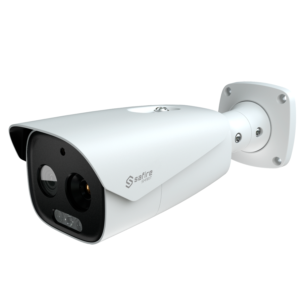 (SF-IPTB384A-25D5) Caméra thermique Dual Bullet IP Safire Smart - Capteur thermique 12 μm 384x288 VOx | Objectif 25 mm - Capteur optique 1/2.7” 5 Mpx | Objectif 16 mm - Sensibilité thermique ≤ 35mK - IA basée sur la classification des personnes et des véhicules - Intervalle de mesure temp -20~150ºC / ± 8ºC