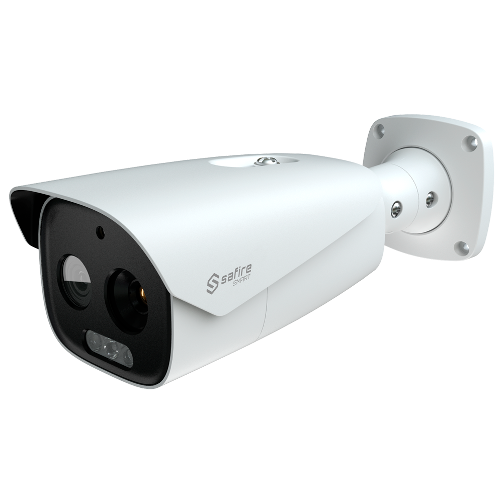 (SF-IPTB640A-9D5) Caméra thermique Dual Bullet IP Safire Smart - Capteur thermique 12 μm 640x512 VOx | Objectif 9 mm - Capteur optique 1/2.7” 5 Mpx | Objectif 4 mm - Sensibilité thermique ≤ 35mK - IA basée sur la classification des personnes et des véhicules - Intervalle de mesure temp -20~150ºC / ± 8ºC