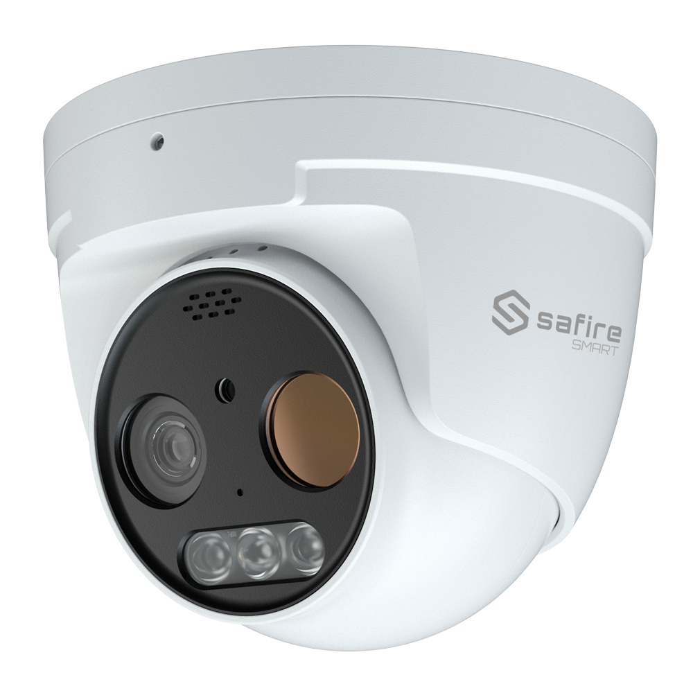 (SF-IPTT256A-7D5) Caméra thermique Dual IP Turret Safire Smart - Capteur thermique 256x192 VOx | Objectif 7 mm - Capteur optique 1/2.7” 5 Mpx | Objectif 8 mm - Sensibilité thermique ≤ 50mK - IA basée sur la classification des personnes et des véhicules - Intervalle de mesure temp -20~150ºC / ± 8ºC