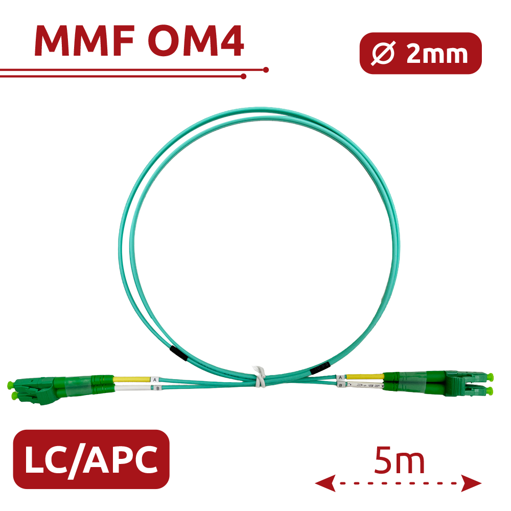 (SF-LC-APC-LC-APC-OM4-DX-5M-A) Câble de connexion à fibre optique - Fibre multimode OM4 - Connecteur LC APC duplex - Longueur 5m - Couverture LSZH - Compatibilité générique
