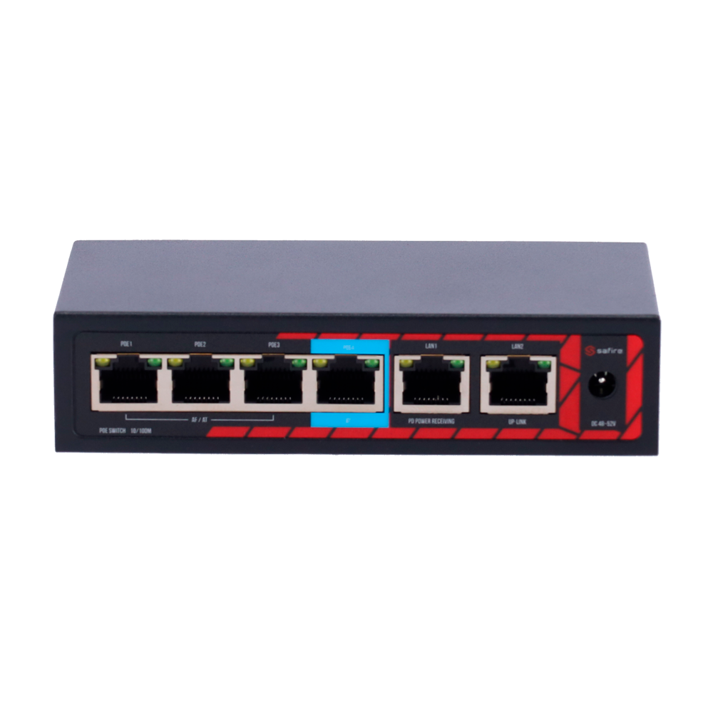 (SF-POE-EXT0604-60) Switch d'extension Safire Indoor Hi-PoE - Extension de la portée de l'alimentation PoE - 4 ports PoE + 2 Uplink RJ45 - IEEE 802.3 af/at/bt - Puissance de sortie maximale 60 W - Ports 10/100 Mbps