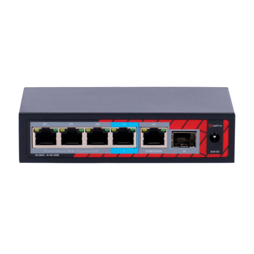 (SF-POE-EXT0604-GF-60) Safire Indoor POE extender Switch - Augmente la portée de l'alimentation POE - 4 ports PoE + 1 Uplink RJ45 +1 SFP  - IEEE 802.3 af/at/bt - Puissance de sortie maximale 60 W - Ports 10/100/1000 Mbps