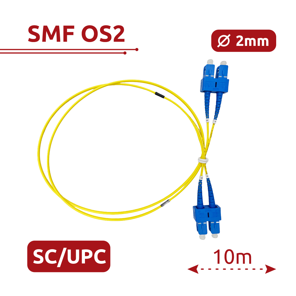 (SF-SC-UPC-SC-UPC-OS2-DX-10M-Y) Câble de connexion à fibre optique - Fibre monomode OS2 - Connecteur duplex SC UPC - Longueur 10m - Couverture LSZH - Compatibilité générique