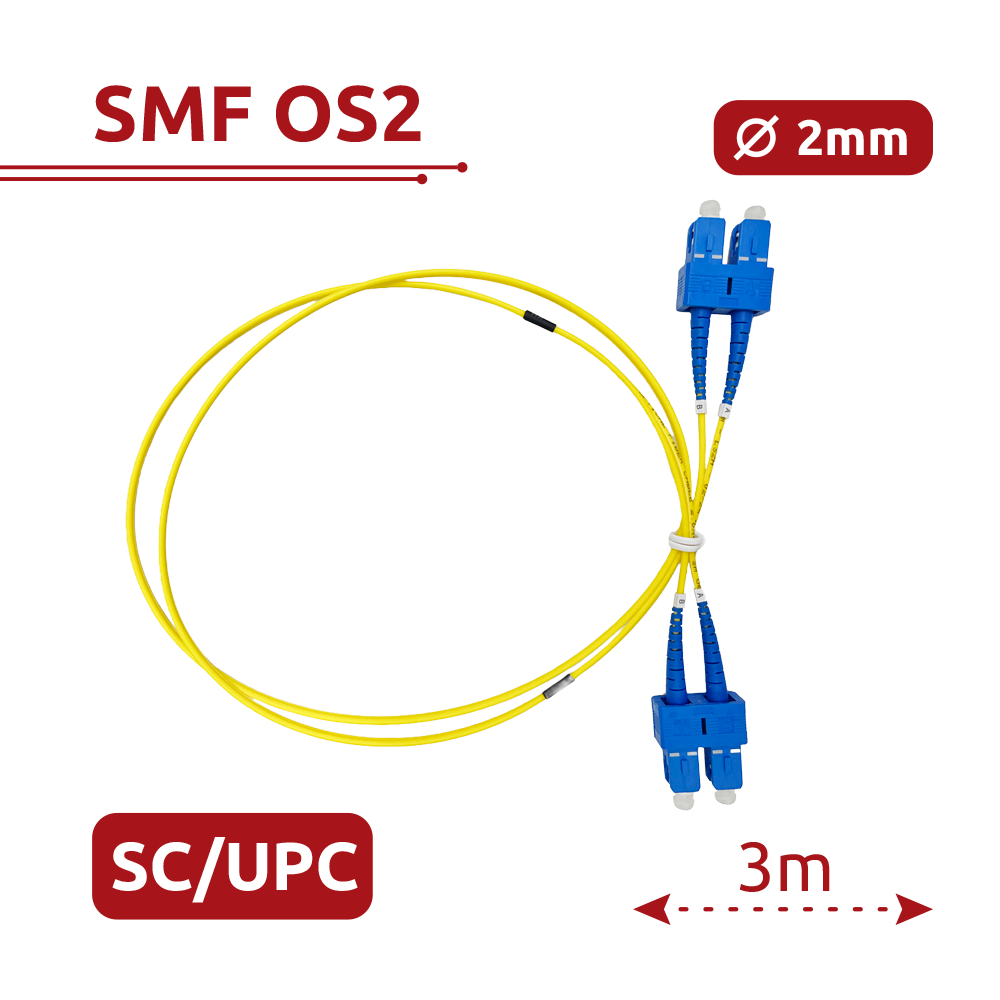 (SF-SC-UPC-SC-UPC-OS2-DX-3M-Y) Câble de connexion à fibre optique - Fibre monomode OS2 - Connecteur duplex SC UPC - Longueur 3m - Couverture LSZH - Compatibilité générique