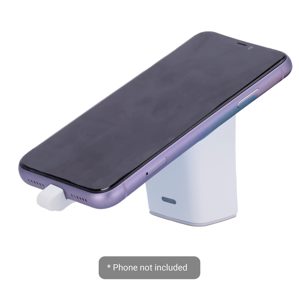 (SF-SECURITYSTAND101-LIGHTNING) Support avec alarme antivol EAS - Convient aux téléphones portables - Connexion avec le câble Lightning (iPhone) - Alarme sonore de 100 db et alarme lumineuse - Alimentation CC 5 V avec batterie intégrée - Dimensions: 50 (L) x 78 (H) x 47 (Pr) mm