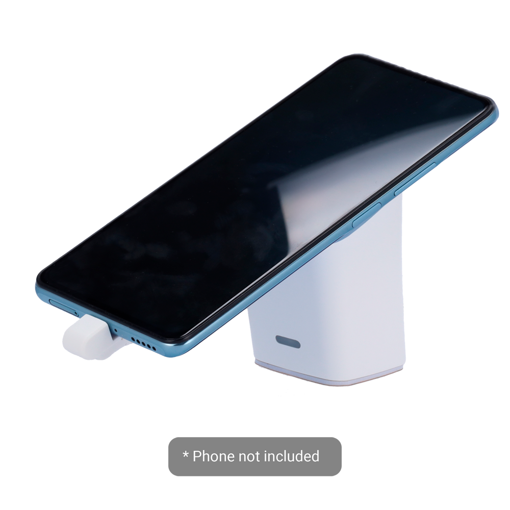 (SF-SECURITYSTAND101-USBC) Support avec alarme antivol EAS - Convient aux téléphones portables - Connexion à l'aide d'un câble USB-C - Alarme sonore de 100 db et alarme lumineuse - Alimentation CC 5 V avec batterie intégrée - Dimensions: 50 (L) x 78 (H) x 47 (Pr) mm