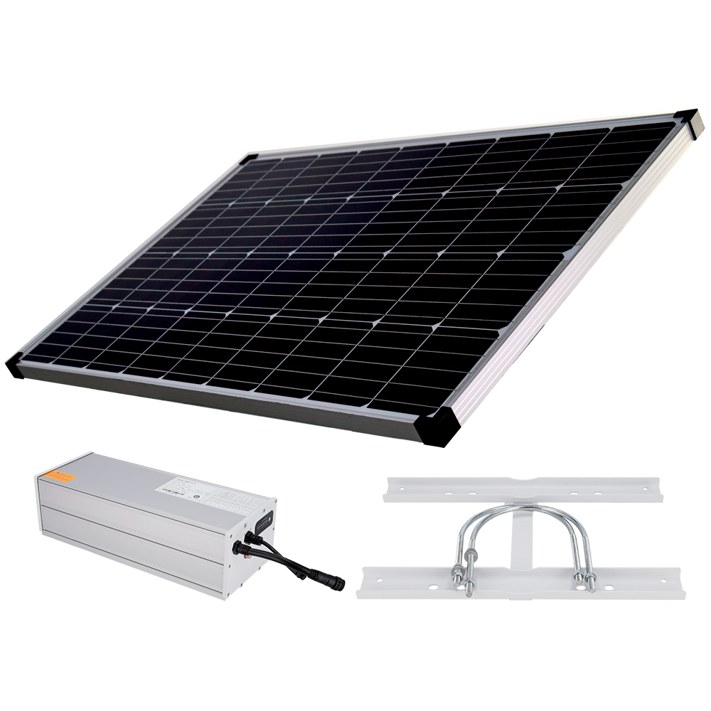 (SF-SOLARKIT-BATT-1280WH) Système d'alimentation autonome pour vidéosurveillance - Panneau solaire de 200W - Batterie au lithium LiFePo4 1280Wh (100Ah) - Régulateur MPPT intégré - Support pour fixation sur poteau - RS-485 pour la communication