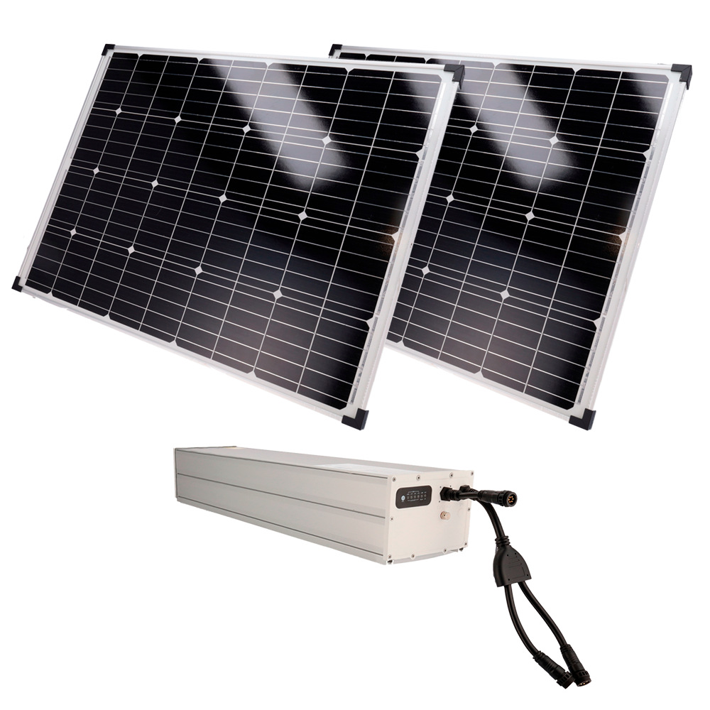 (SF-SOLARKIT-BATT-1920WH-24V) Système d'alimentation autonome pour vidéosurveillance - 2x Panneau solaire de 150W - Batterie LiFePo4 1920Wh (150Ah) MPPT intégré - Sortie 12/24 VDC - RS-485 pour la communication