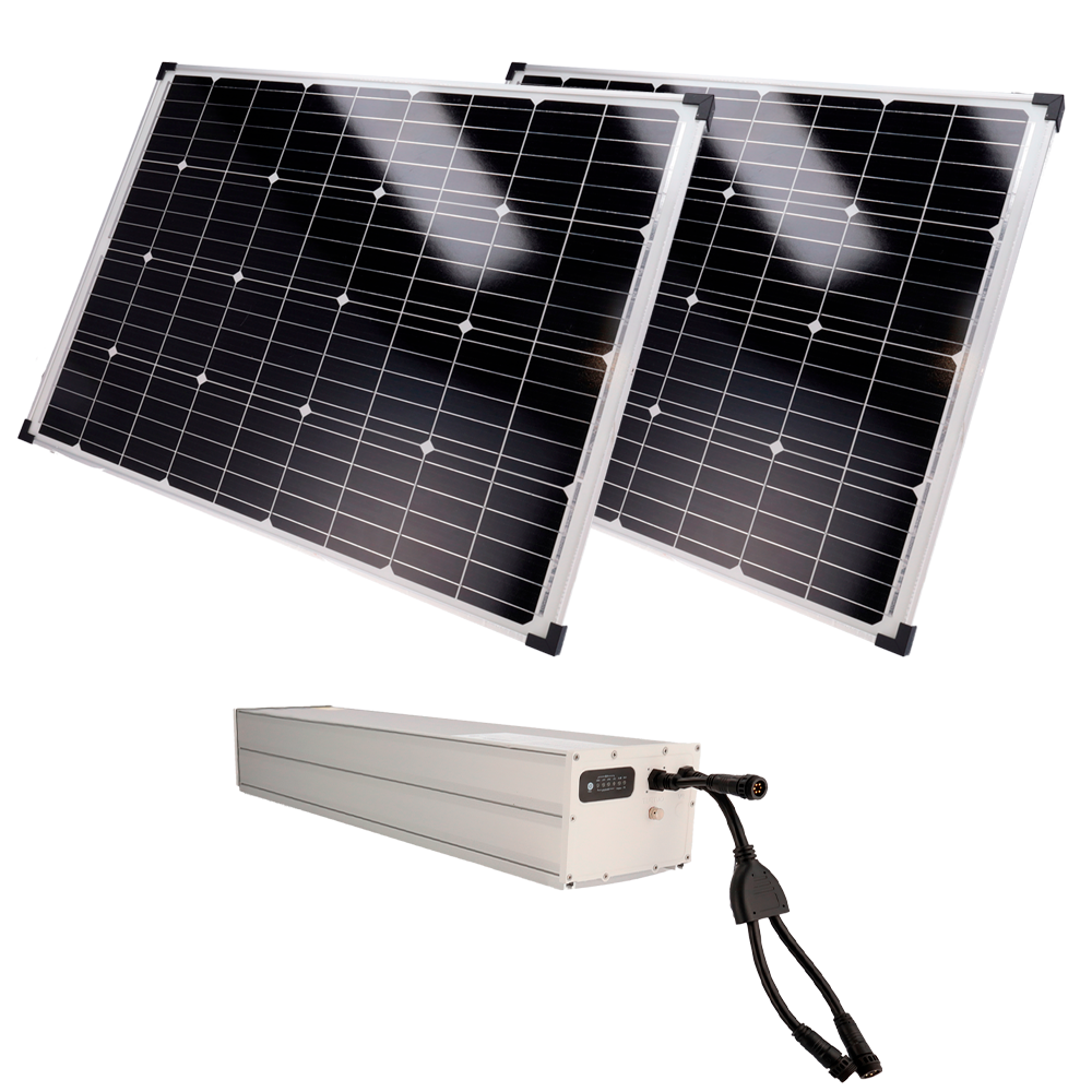(SF-SOLARKIT-BATT-2560WH-24V) Système d'alimentation autonome pour vidéosurveillance - 2x Panneau solaire de 200W - Batterie LiFePo4 2560Wh (200Ah) MPPT intégré - Sortie 12/24 VDC - Support pour fixation sur poteau - RS-485 pour la communication