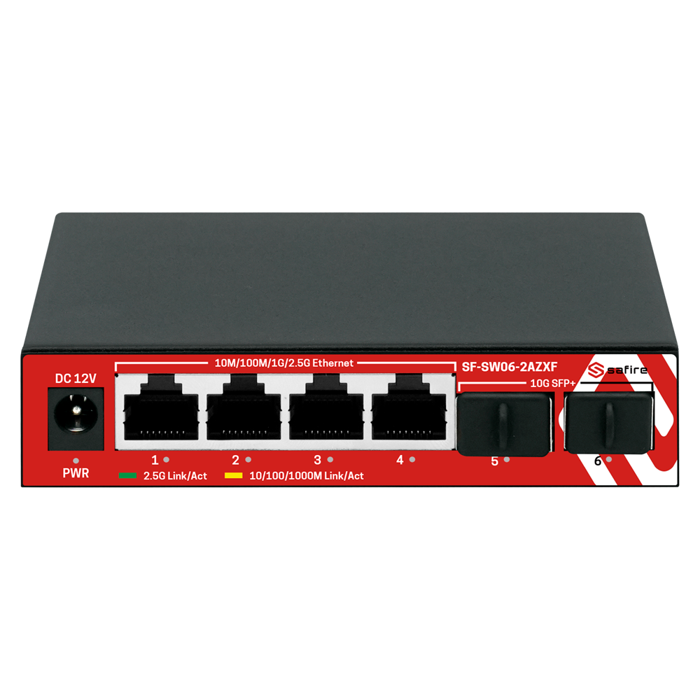 (SF-SW06-2AZXF) Switch Multigagibit 2,5Gbps - 4 puertos + 2 Uplink SFP 10G  - Velocidad de puertos 2,5/1Gbps  - Tasa de reenvío de paquetes 44.64 Mbps - Capacidad de switching 60 Gbps - Switch de sobremesa