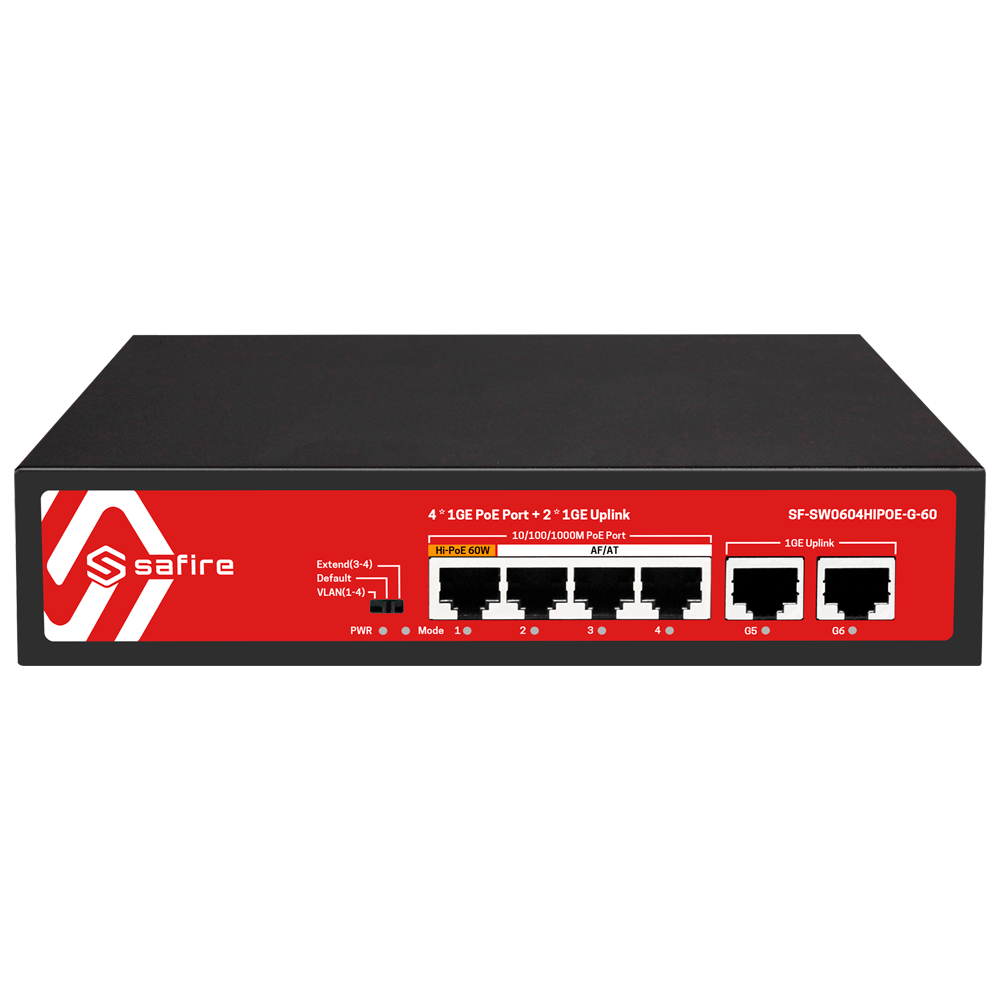 (SF-SW0604HIPOE-G-60) Safire Switch PoE - 4 puertos PoE + 2 Uplink RJ45 - Velocidad de puertos 10/100/1000 Mbps - 4 Puertos PoE+ 30W  - Potencia PoE total de 60W - PoE Watchdog / Auto PoE Extendido Hasta 250m