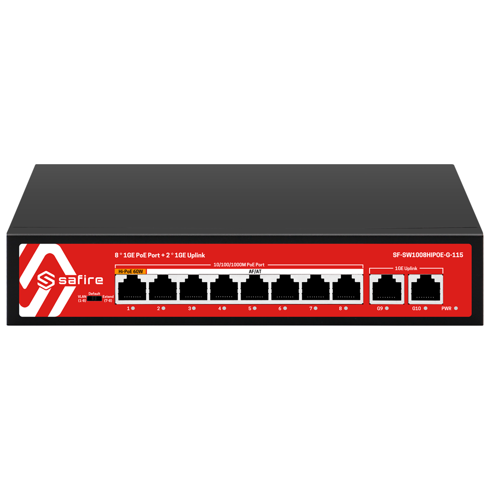 (SF-SW1008HIPOE-G-115) Safire Switch Hi-PoE - 8 ports PoE + 2 Uplink RJ45 - 10x 10/100/1000Mbps - 7 Ports PoE+ 30W + 1 Ports Hi-PoE 60W - PoE Watchdog - Jusqu'à 115W Puissance PoE totale
