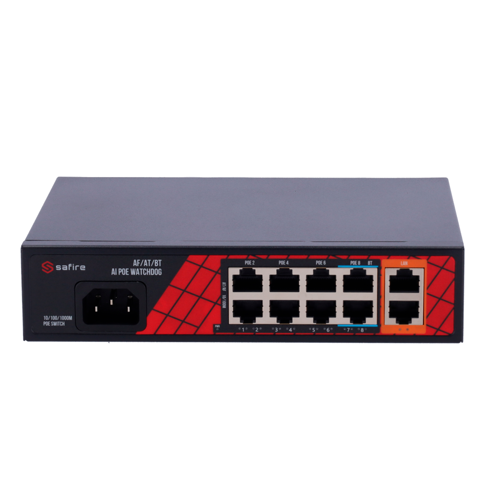 (SF-SW1008HIPOE-H-120) Safire Switch Hi-PoE - 8 ports PoE + 2 Uplink RJ45 - Hybride 8x10/100Mbps + 2x10/100/1000Mbps - 6 Ports PoE+ 30W + 2 Ports Hi-PoE 60W - PoE Watchdog - Jusqu'à 120W Puissance PoE totale