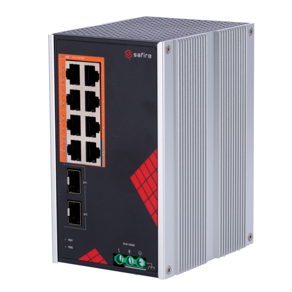 (SF-SWI1008HIPOE-GF-AC-130-DIN) Switch Safire Alimentation industrielle CA et CC - 8 Ports Gigabit + 2 SFP Gigabit - 6 Ports PoE+ 30W + 2 Ports Hi-PoE 60W - PoE Watchdog - Jusqu'à 130W Puissance PoE totale - Installation sur rail DIN