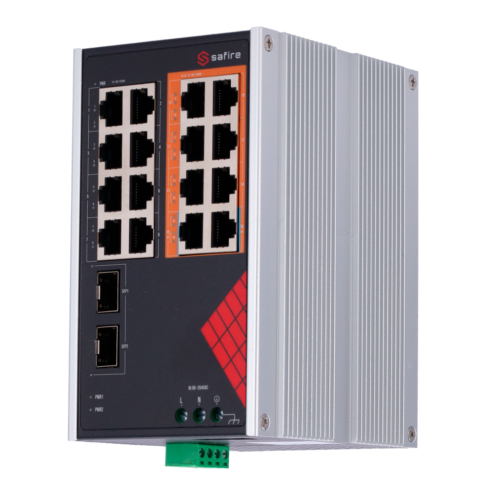 (SF-SWI1808HIPOE-GF-AC-130-DIN) Switch Safire Alimentation industrielle CA et CC - 16 Ports Gigabit + 2 SFP Gigabit - 6 Ports PoE+ 30W + 2 Ports Hi-PoE 60W - PoE Watchdog - Jusqu'à 130W Puissance PoE totale - Installation sur rail DIN