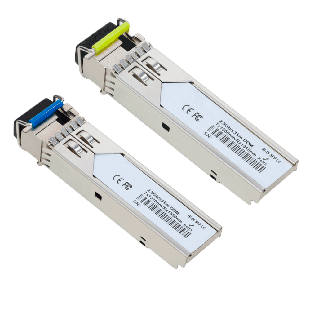 (SFP-2.5G-TR1513LX-3SMF-LC-I) Paire de modules émetteurs-récepteurs SFP industriels - Tx 1550/1310 nm Rx 1310/1550 nm - Fibre monomode - Connecteur LC Simplex - BiDi - Maximum 3 km - 2.5Gb/s - 2.5GBASE-LX