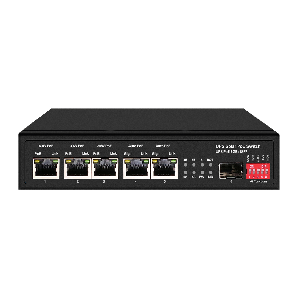 (SW0605HIPOE-GF-DC-65) Switch PoE - 5  ports PoE + 1 SFP - Vitesse des ports 10/100/1000 Mbps - 1xHi-PoE (60W) + 2xPoE+ (30W) + 2x24/48V (25W) - Jusqu'à 65W de puissance PoE totale - Prend en charge les batteries de 12V/24V  et 400W panneaux