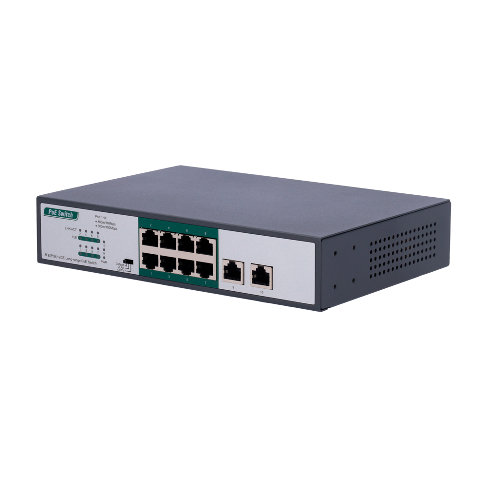(SW1008POE-H-800M-120W) Switch PoE - 8 Ports PoE FE + 2 GE - Vitesse 8 x10/100Mbps + 2 x10/100/1000Mbps - 8 ports PoE+ pour jusqu'à 800m avec accessoire - Jusqu'à 120 W de puissance PoE totale - Standard IEEE802.3at PoE / af PoE+