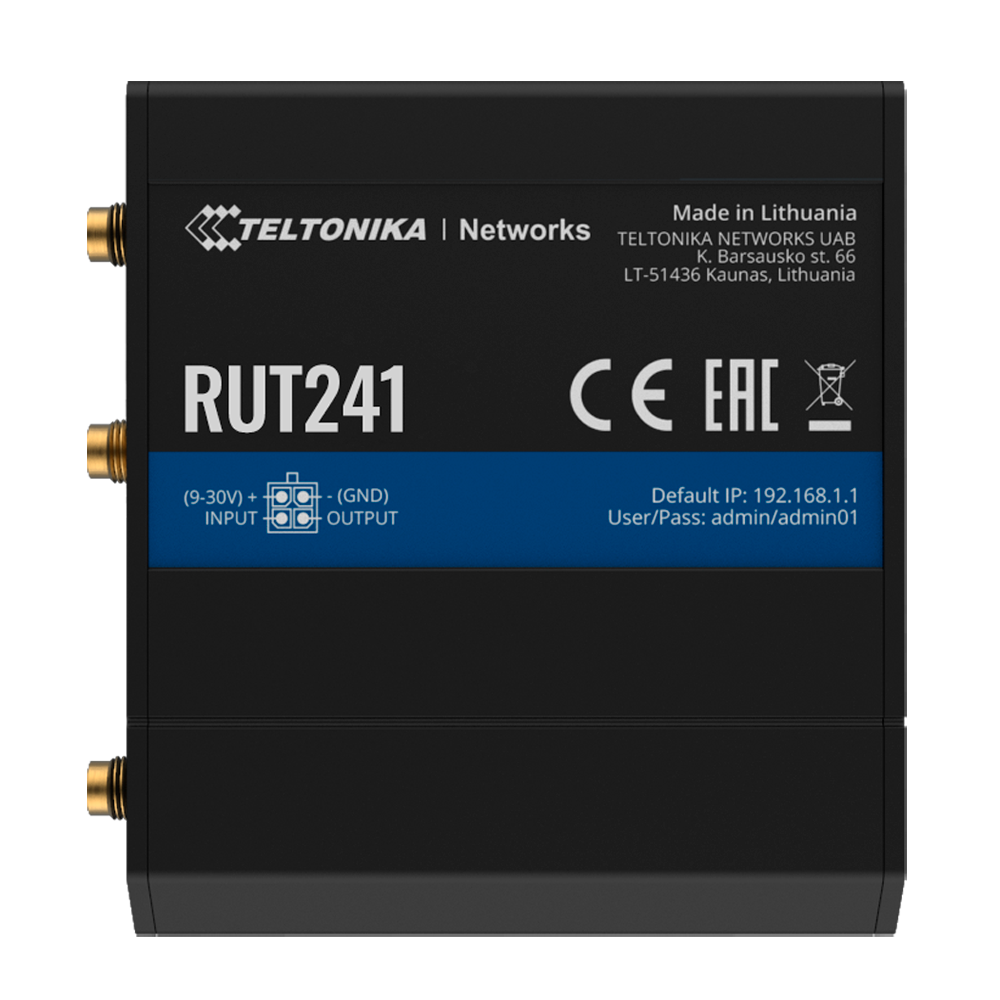 (TK-RUT241) Routeur Teltonika 4G Industriel - 2 ports Ethernet RJ45 Fast Ethernet - 4G (LTE) Cat 4 jusqu'à 150Mbps - 1x Entrée/sortie numérique - Wi-Fi 802.11b/g/n 2.4GHz - Boîtier en aluminium