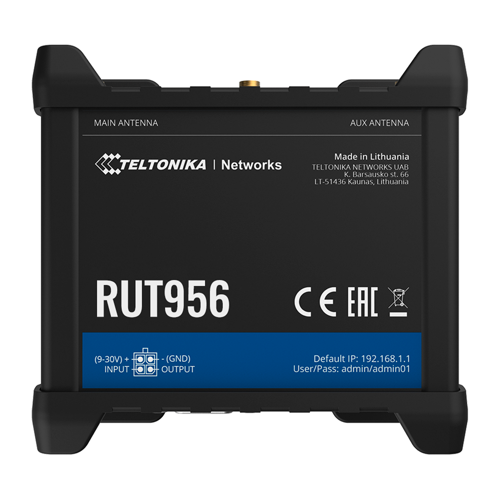 (TK-RUT956) Routeur Teltonika 4G Industriel - 4 ports Ethernet RJ45 Fast Ethernet - Double SIM 4G (LTE) Cat 4 jusqu'à 150Mbps - 3x Entrée + 3x Sortie numérique + RS232 + RS485 - Wi-Fi 802.11b/g/n 2.4GHz - Positionnement GNSS