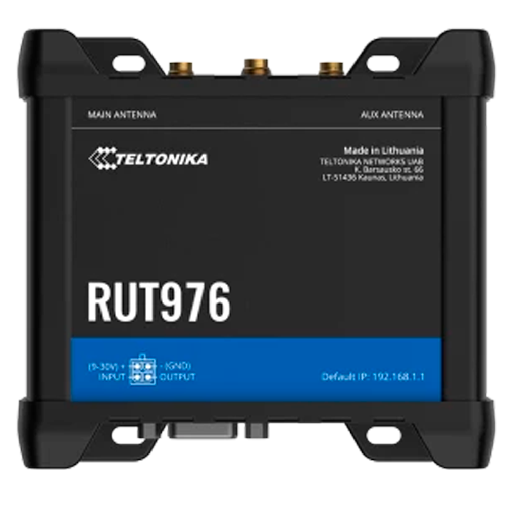 (TK-RUT976) Teltonika Router 5G RedCap Industrial - 4 puertos Ethernet RJ45 Fast Ethernet - Dual SIM 5G RedCap hasta 233Mbps - 3x Entrada + 3x Salida Digital + RS232 + RS485 - Wi-Fi 802.11b/g/n 2.4GHz - Posicionamiento GNSS