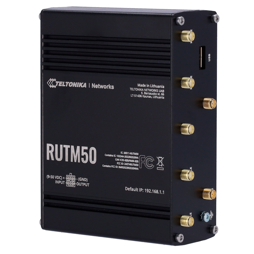 (TK-RUTM50) Routeur Teltonika Industriel 5G - 5G Sub-6Ghz SA/NSA Double SIM - 5 ports 10/100/1000Mbps - Jusqu'à 3,4Gbps en aval | 550 Mbps en amont  - WiFi 802.11 b/g/n/ac | Positionnement GPS - Boîtier en aluminium