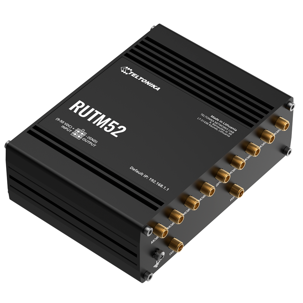 (TK-RUTM52) Routeur Teltonika Industriel 5G - Double modem 5G Sub-6Ghz SA/NSA - 5 ports 10/100/1000Mbps - Jusqu'à 2.1/3.3Gbps Téléchargement 900/600Mbps Chargement  - Wi-Fi 802.11 b/g/n/ac - Boîtier en aluminium