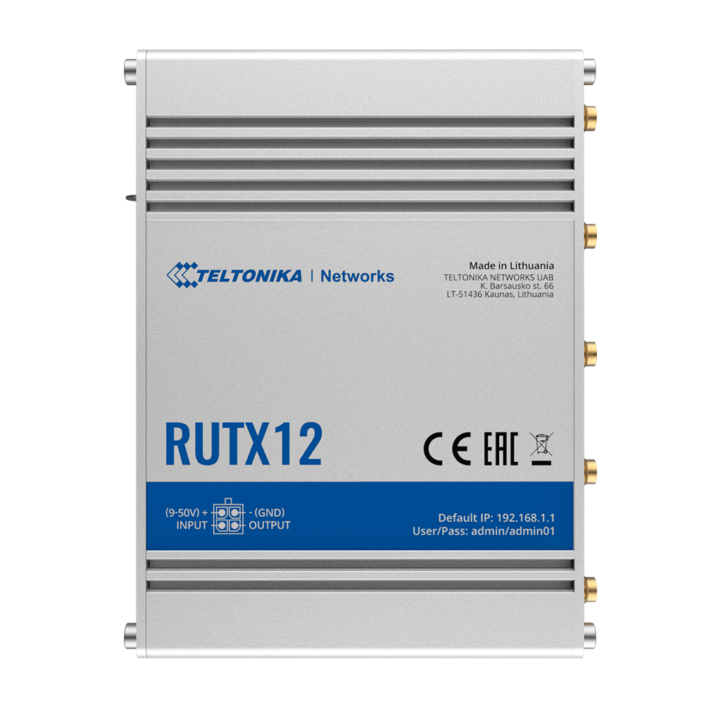 (TK-RUTX12) Routeur Teltonika 4G Industriel - Double modem 4G Cat 6 Double SIM  - Wi-Fi 5 - Bluetooth LE 4.0 - Positionnement GNSS - 5 ports Ethernet RJ45 Gigabit