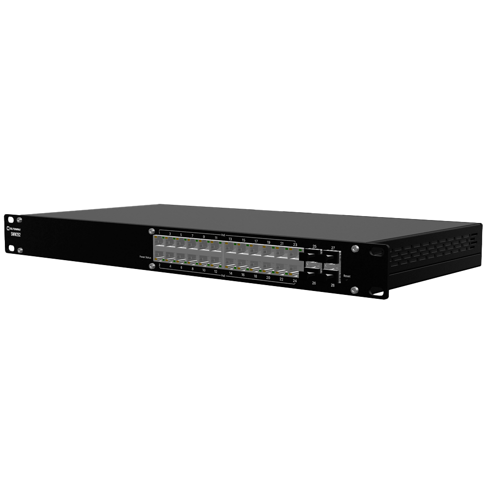 (TK-SWM282) Teltonika Switch PoE Capa 3 - 24 puertos PoE Gigabit+ 4 SFP Gigabit - 30W por puerto 802.3af/at  / Máximo 300W - DHCP/VLAN/STP/RSTP/MRP/ACL/QoS/SNMP - Licencia de gestión RMS  ( 2 años incluidos ) - Enrackable