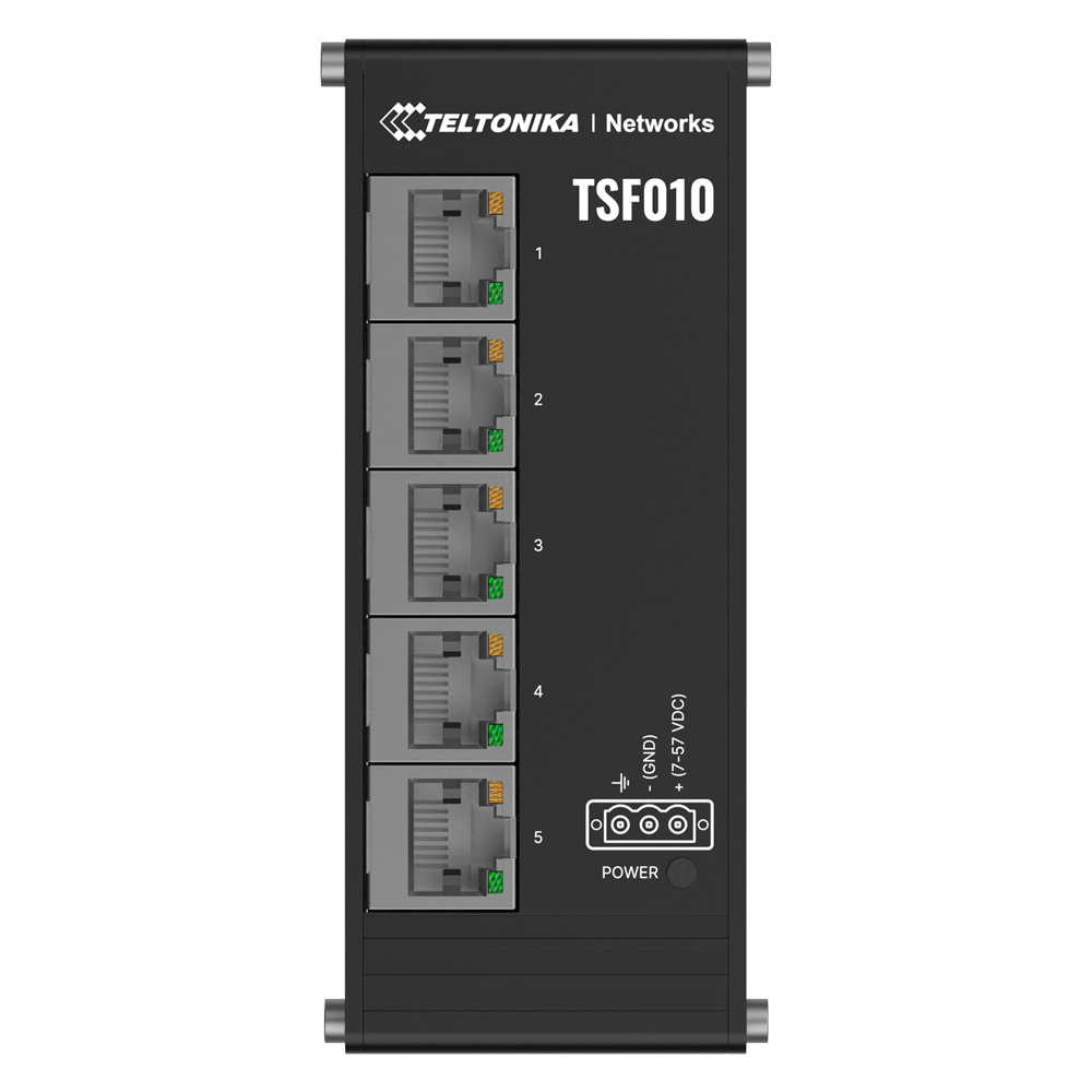 (TK-TSF010) Teltonika Switch non manageable industriel - 5 ports Ethernet RJ45 Fast Ethernet - Boîtier robuste en aluminium anodisé - Plug and Play - Alimentation DC 7 à 57V - LED d'état