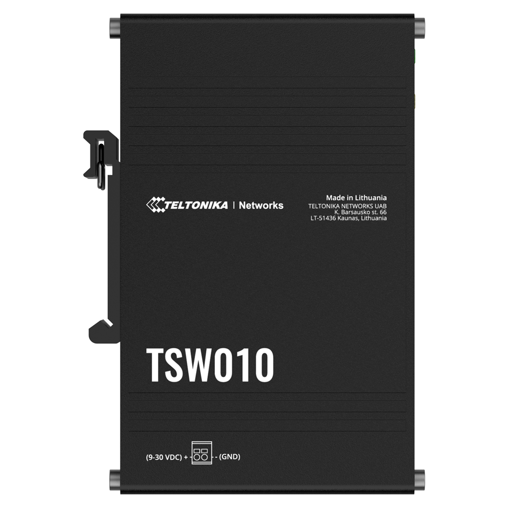 (TK-TSW010) Teltonika Switch non manageable industriel - 5 ports Ethernet RJ45 Fast Ethernet - Boîtier en aluminium robuste - Plug and Play - Alimentation DC 9 à 30V - LED d'état