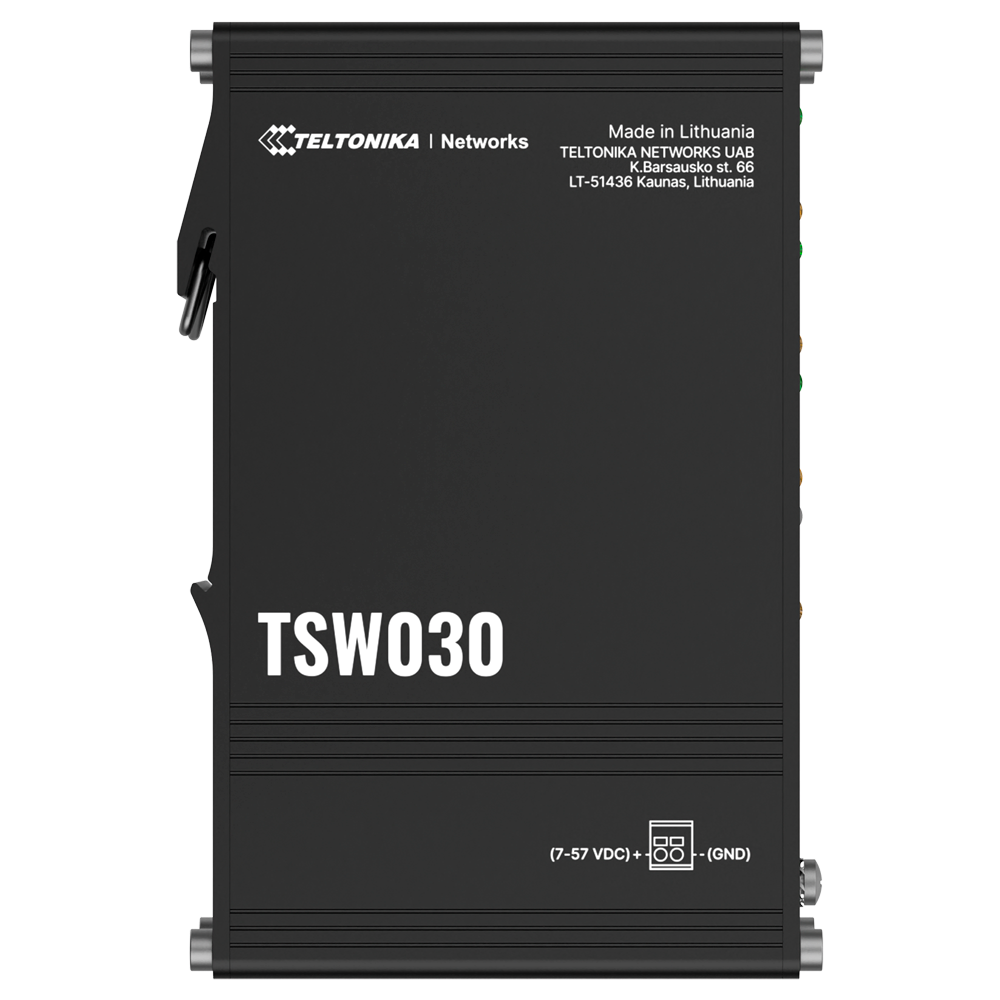 (TK-TSW030) Teltonika Switch non manageable industriel - 8 ports Ethernet RJ45 Fast Ethernet - Boîtier en aluminium robuste - Plug and Play - Alimentation DC 5 à 57V - LED d'état