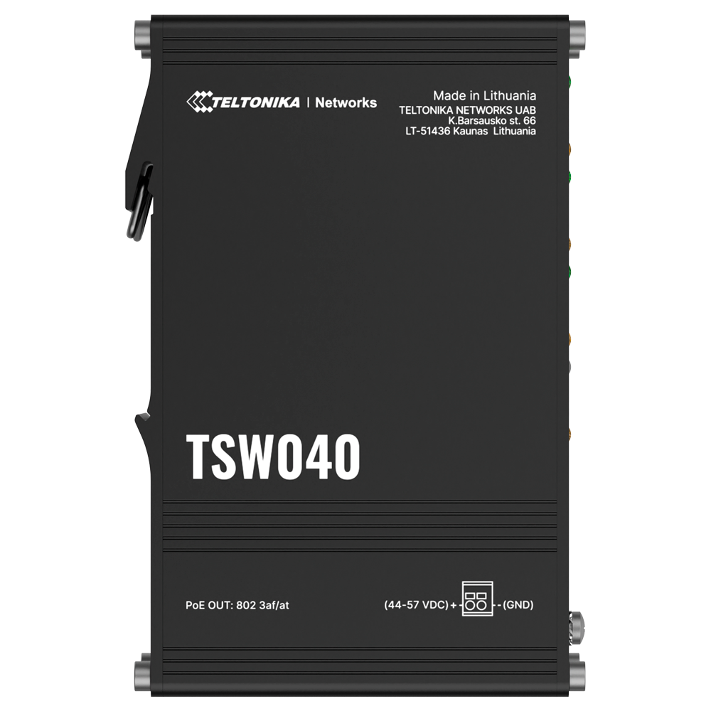 (TK-TSW040) Teltonika switch PoE industriel non manageable - 8 ports Ethernet RJ45 Fast Ethernet - 8 Ports Ethernet PoE+ 802.3af/at - Jusqu'à 30W par port PoE - Jusqu'à 240W de puissance PoE - Boîtier robuste en aluminium anodisé